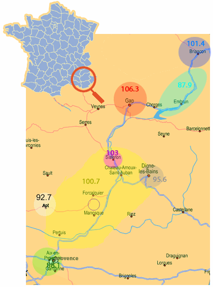 Carte de france indiquant les zones d'&eacute;coute de radio zinzine